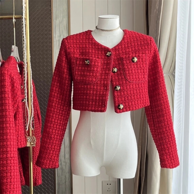 High Quality Chic Autumn Winter Red Woolen Short Jacket Coat Sweet Fashion Women O Neck Single Breasted Tweed Weave Cropped Tops 240823
