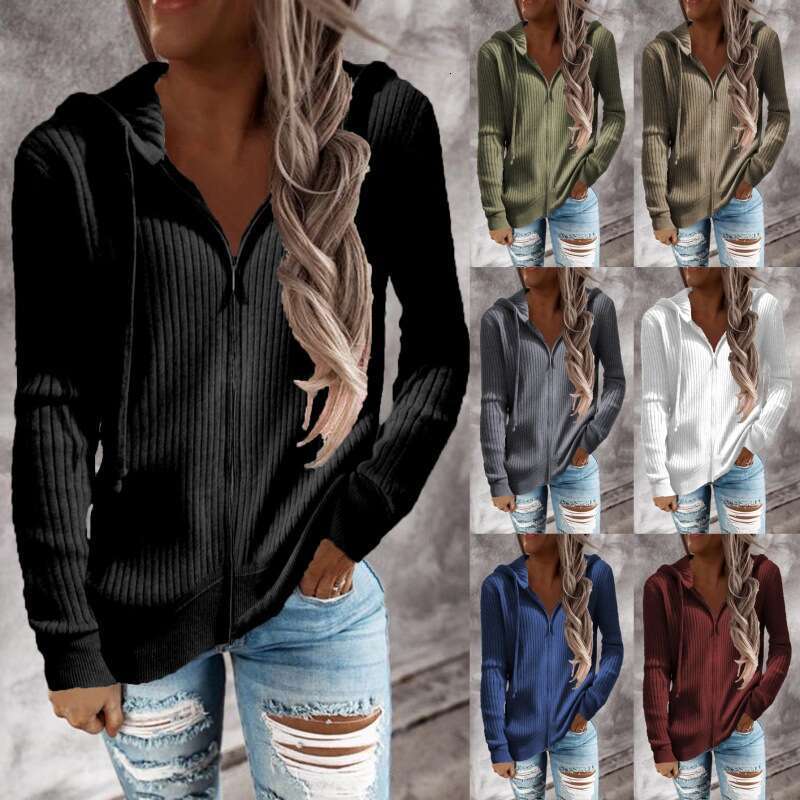 European and American Cross-Border Autumn Winter New Striped Casual Sweatshirt Loose Knitted Cardigan Zipper Long Sleeve Hooded Sweater for Women