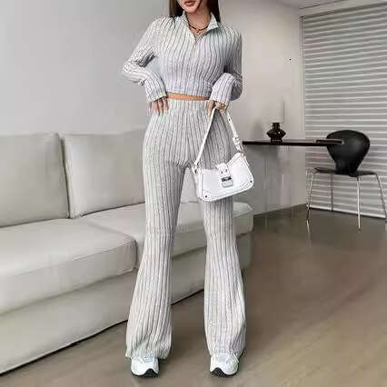 Fashion Solid Color Ribbed Two-Piece Zipper Long Sleeve Short Top and High Waist Flared Pants Set for Women Casual