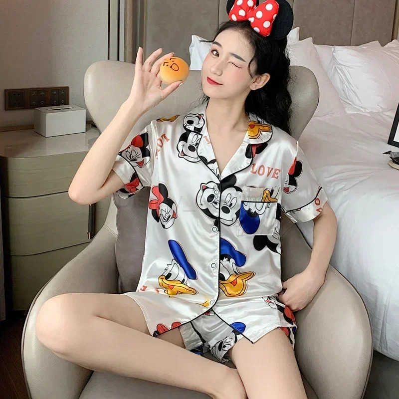 Disney Pajamas ladies summer mickey mouse shortsleeved nightgowns simulation silk sexy spring autumn sleepwear home clothing H250926