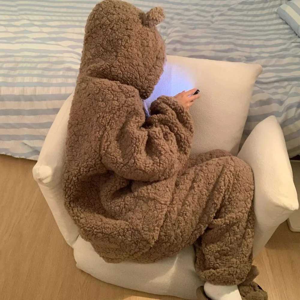 Brown Furry Pajama Sets Fluffy Teddy Bear Hooded Zipper Sleepwear Women Plush Warm Thick Christmas Homewear Y2K Kawaii Nightwear Z250925
