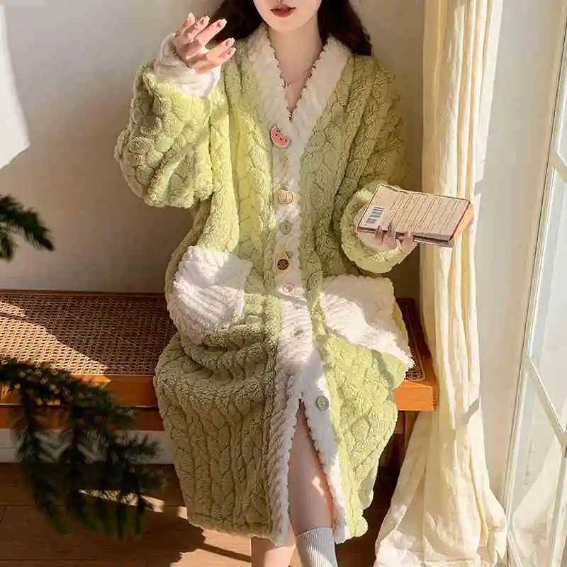 Warm Nightgown Flannel Robe Warm Bathrobe Womens Long Sleeve Pajamas Long Robes Thick Loungewear Flower Coral Fleece Cardigan Z250925