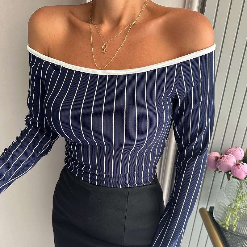 2025 Autumn Hot-Selling New Style Spicy Girl Striped Off-Shoulder Long Sleeve Casual Base Shirt Women's T-Shirt