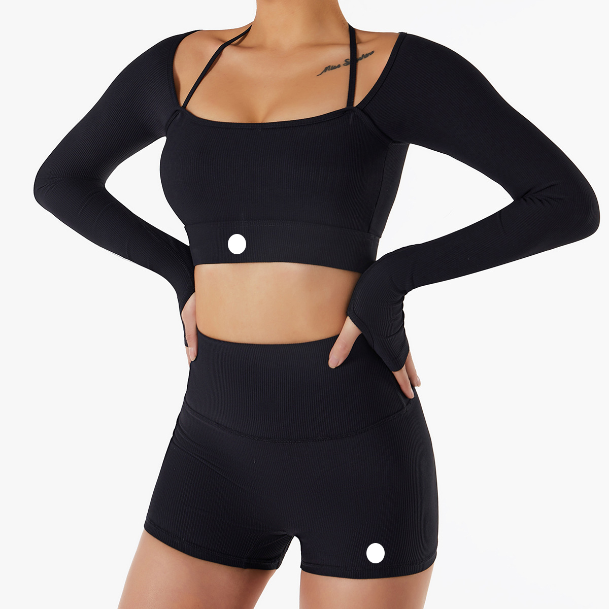 women Ladies sports top yoga shorts two-piece set Padded dry-fit fitness suit; slim-fit long-sleeved Fitness suit