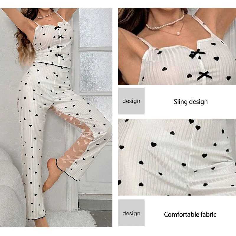 2Piece Womens Sexy Transparent Mesh Lace Set with Ribbed Printed Strap Top and Pants Home Clothes Pajama Set Z250925