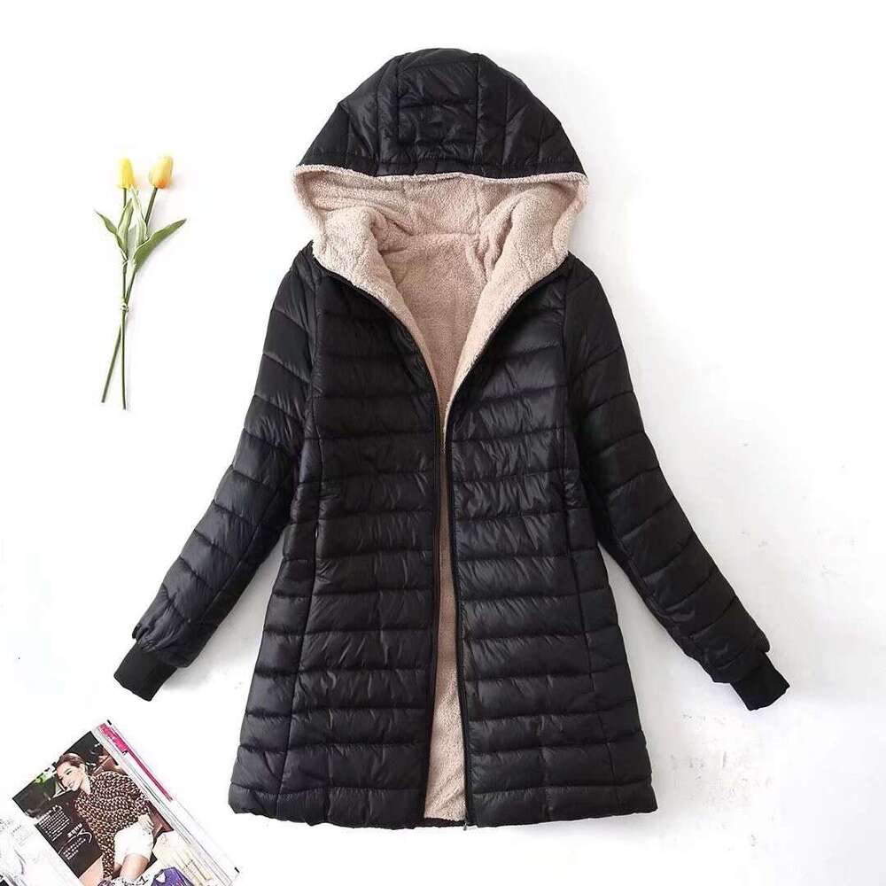 Autumn Winter New Fleece-Lined Hooded Jacket for Women, European and American Style, Student Lamb Wool Coat, Mid-Length Cotton Jacket, Small Trendy Co