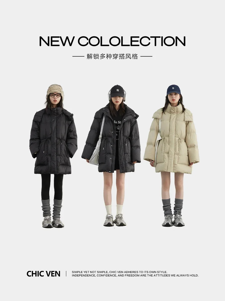 CHIC VEN Women Down Jacket Loose Solid Hooded Waist Puff Female Down Jacket Medium Long 90 White Duck Coat Winter 250917