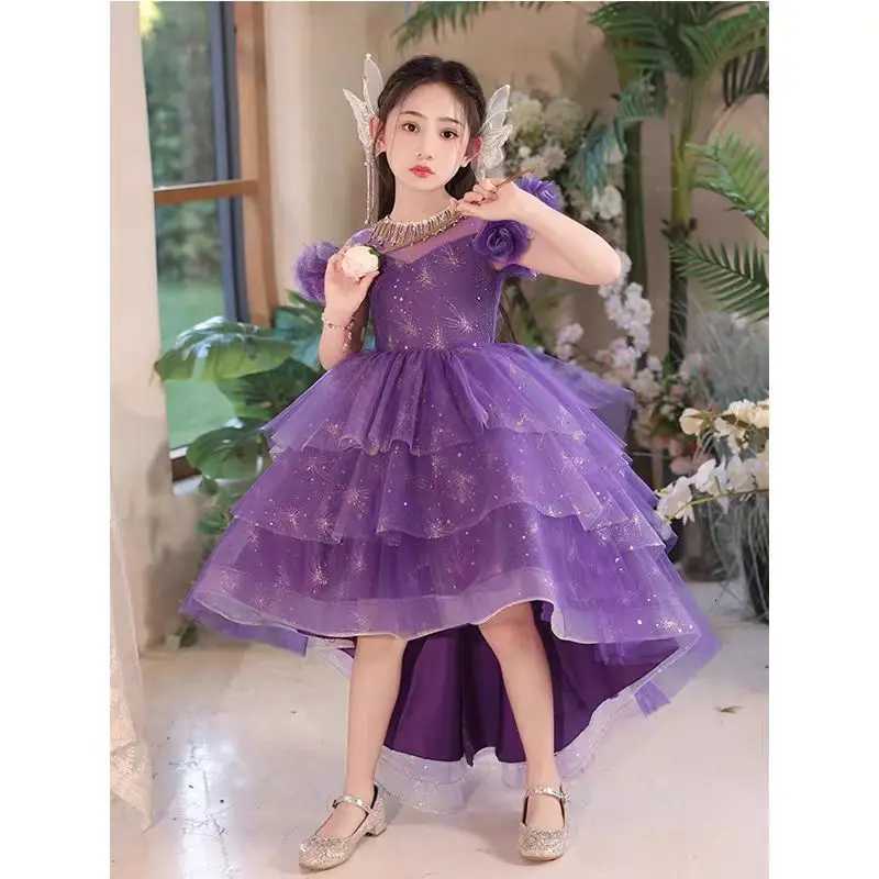 New girl purple dress sweet front short back long sweet princess dress host flower girl wedding piano performance dress Z250926