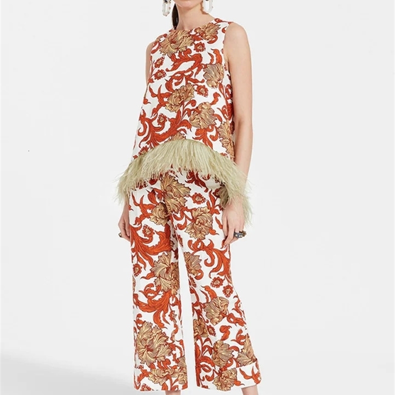 Print Feather Patchwork Fashion Two Pieces Lady Sleeveless O-neck Tops High Waist Pants Set Female Casual Ethnic Tribal Suits 240809