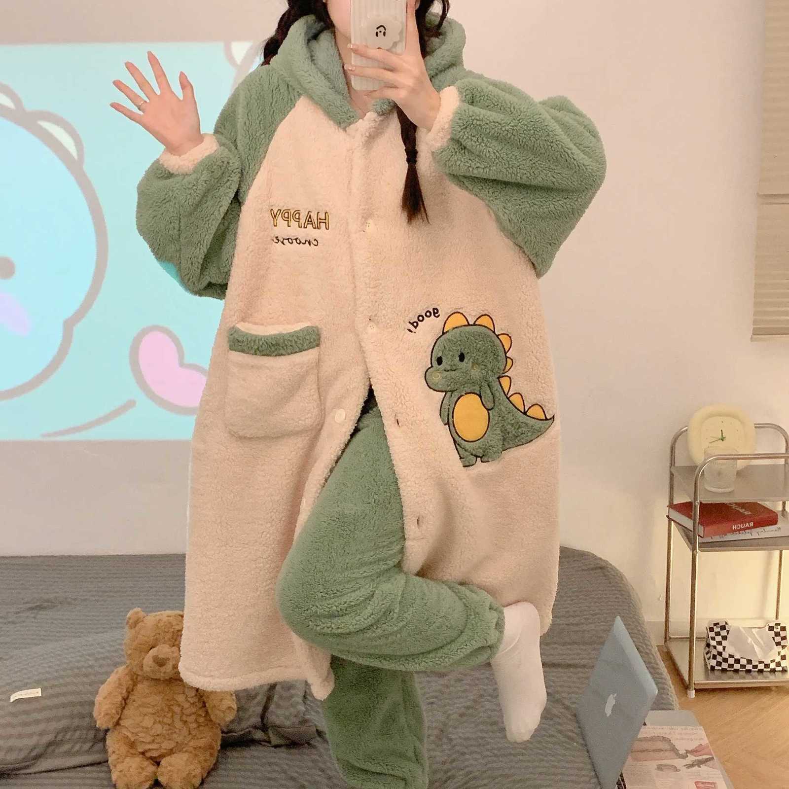 Winter Coral Fleece Warm Sleepwear Womens Pajamas With Pants Nightgown Kawaii Casual Hooded Homewear Robe Plush Bathrobe Sets Z250925