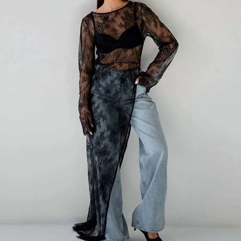 Black Sexy Sheer Brocade Lace Asymmetric Slit 2025 Autumn Fashion New Long Dress for Women