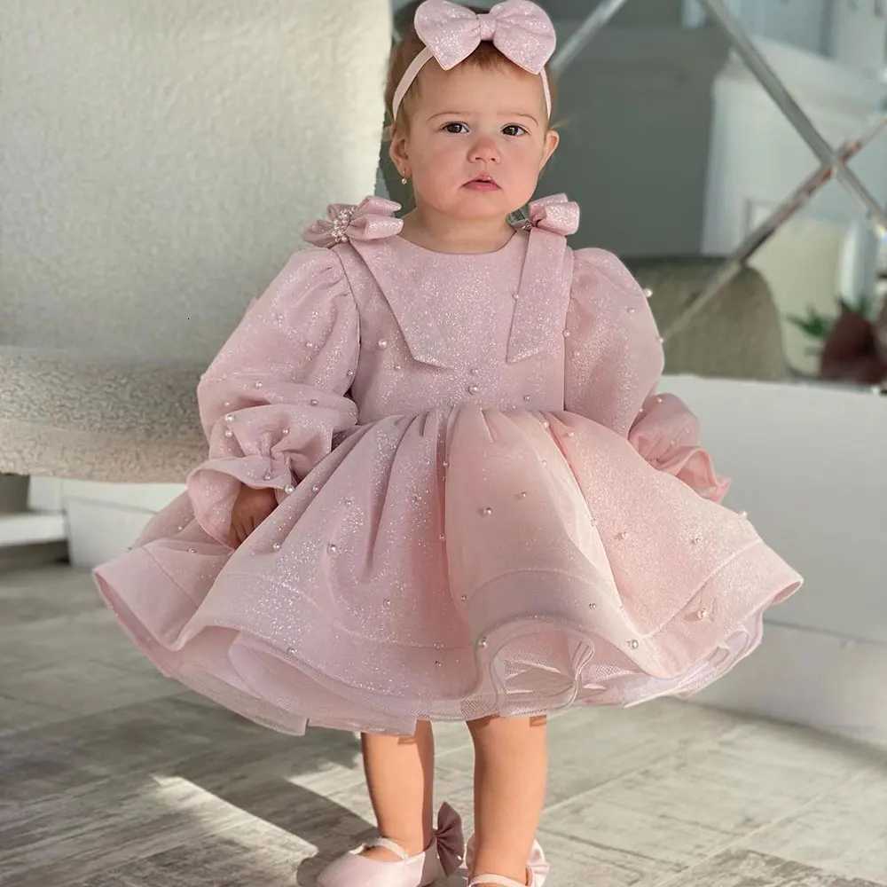 Pink Shining Flower Girl Dress For Wedding Pearls Full Sleeves Bow Puffy Baby Kids Birthday First Communion Party Ball Gown Z250926