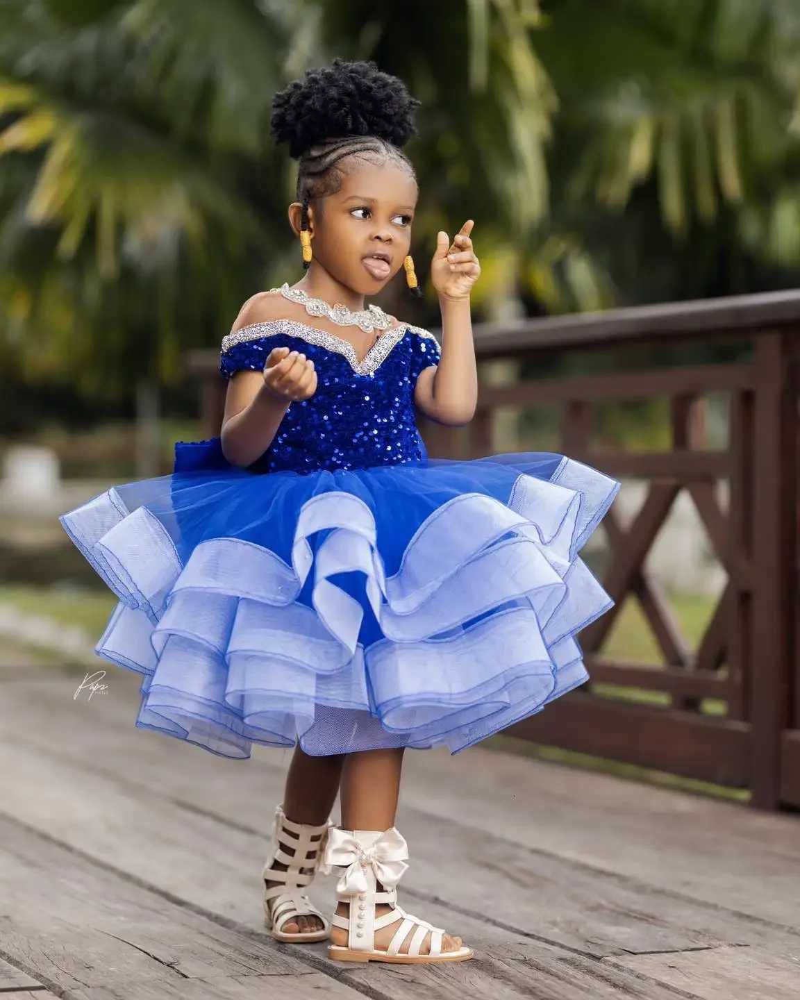 Blue Princess Flower Girl Dresses for Wedding Sequins Ruffles Length Girl Kids Birthday Party First Communion Gowns Z250926