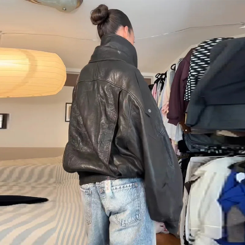 Fashion Womens Stand Collar Jacket Long Sleeve Casual Short WaistCinching Leather Coat 2025 Female Autumn Streetwears 250922