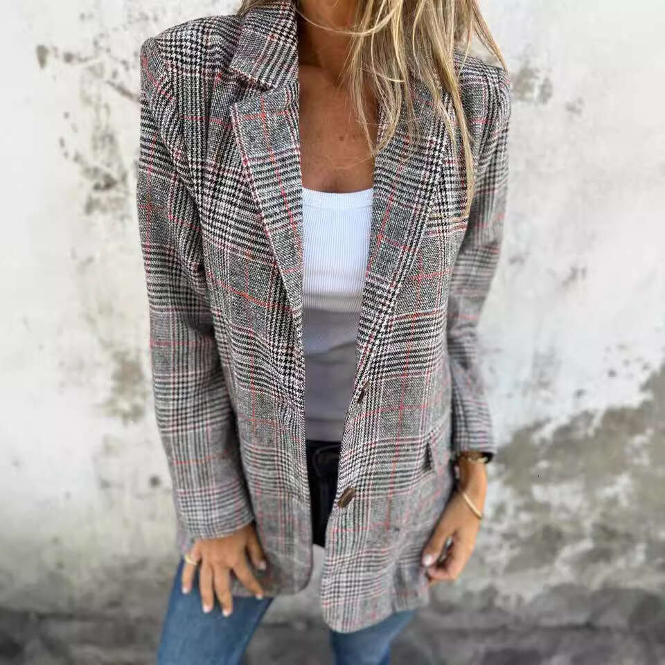 2025 Cross-Border European and American Autumn Winter Coat Women's Casual Retro Houndstooth Lapel Blazer Versatile