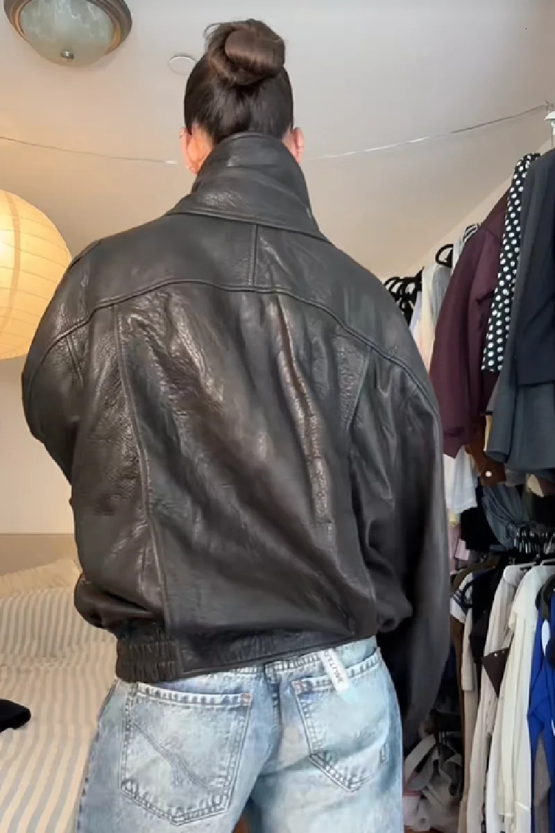 Fashion Womens Stand Collar Jacket Long Sleeve Casual Short WaistCinching Leather Coat 2025 Female Autumn Streetwears 250922