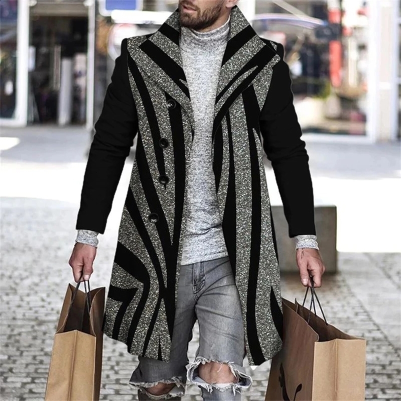Autumn Winter Retro Print Woolen Coat Men Casual Single Breasted Lapel Long Sleeve Coat Men Fashion Loose Pocket Mid Long Jacket 240731
