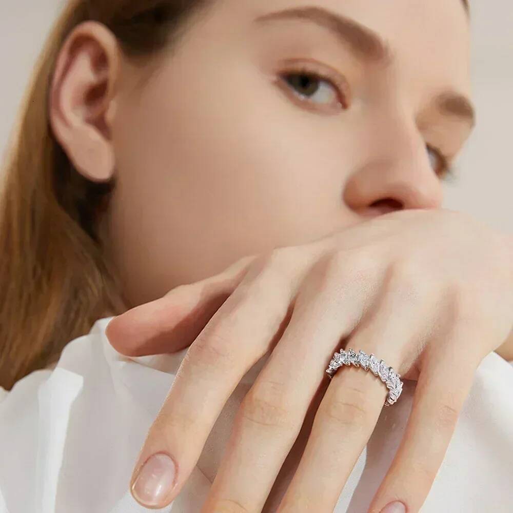 Marquise Cut Moissanite Eternity Ring Band with Certificate S925 Silver Hiphop Diamond Rings for Women men Wedding Fine Jewelry