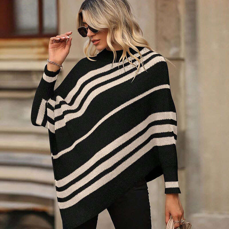 Half High Neck Pullover Striped Color-Block Shawl Cape Loose Knitted Batwing Sleeve Sweater for Women