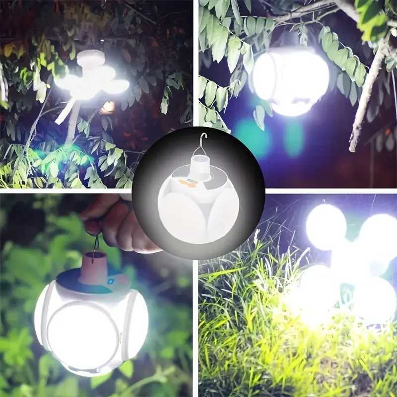 Portable LED Solar Camping Light Bulb Rechargeable Flashlight Waterproof Night Lamp Camping Supplies 5 Mode Adjustable with Hook C250925