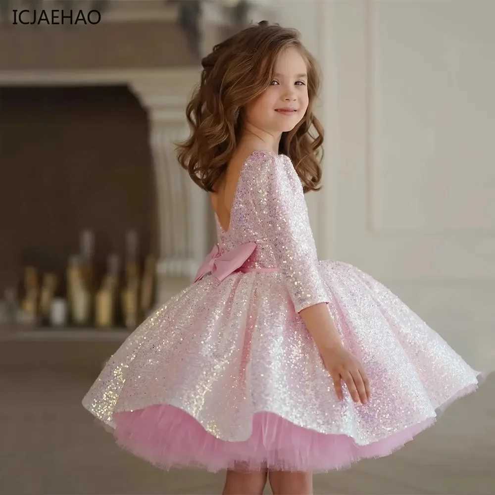 2025 New Pink Glittery Party Dress for Little Girls Puffy Tulle Girl Clothes for Eid Clothes Dresses Special Occasions Flower Z250926