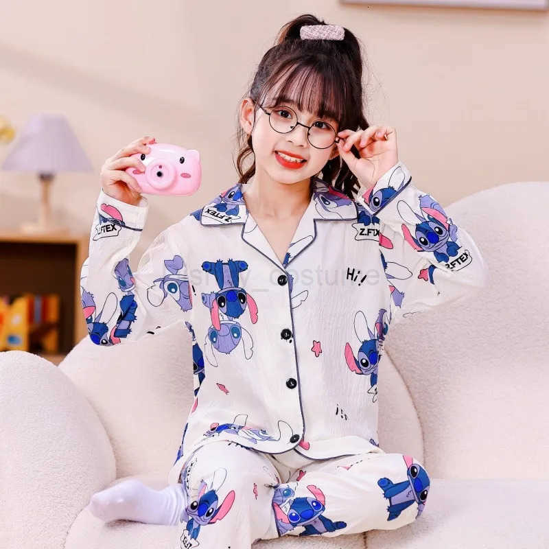 Disney LiloStitch Long Sleeved Pajamas Set Anime Cartoon Characters Stitch Printed Accessories Kawaii Childrens Home Clothing H250926