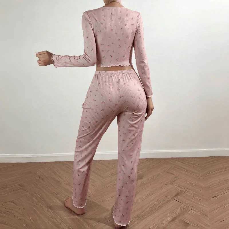 Floral Print Womens Loungewear Set Casual Long Pants With Long Sleeves Suitable For Wearing Outside As Pajamas Z250925