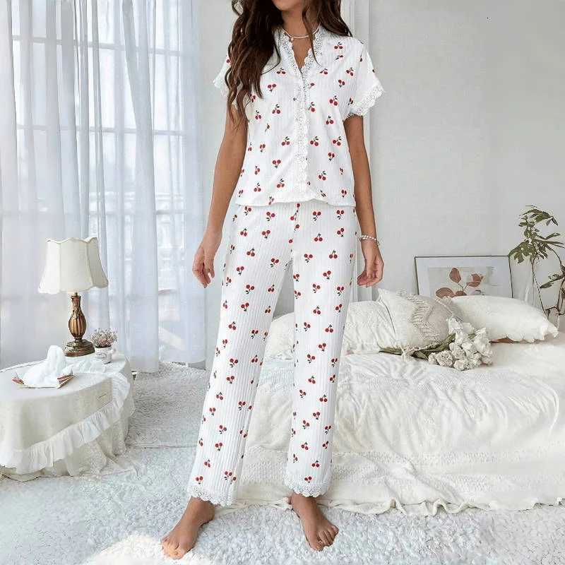 Lace Trim Women Pajama Set Short Sleeve Front Button Top FullLength Pants Cherry Print 2 Pieces Sleepwear Nightwear Homewear Z250925