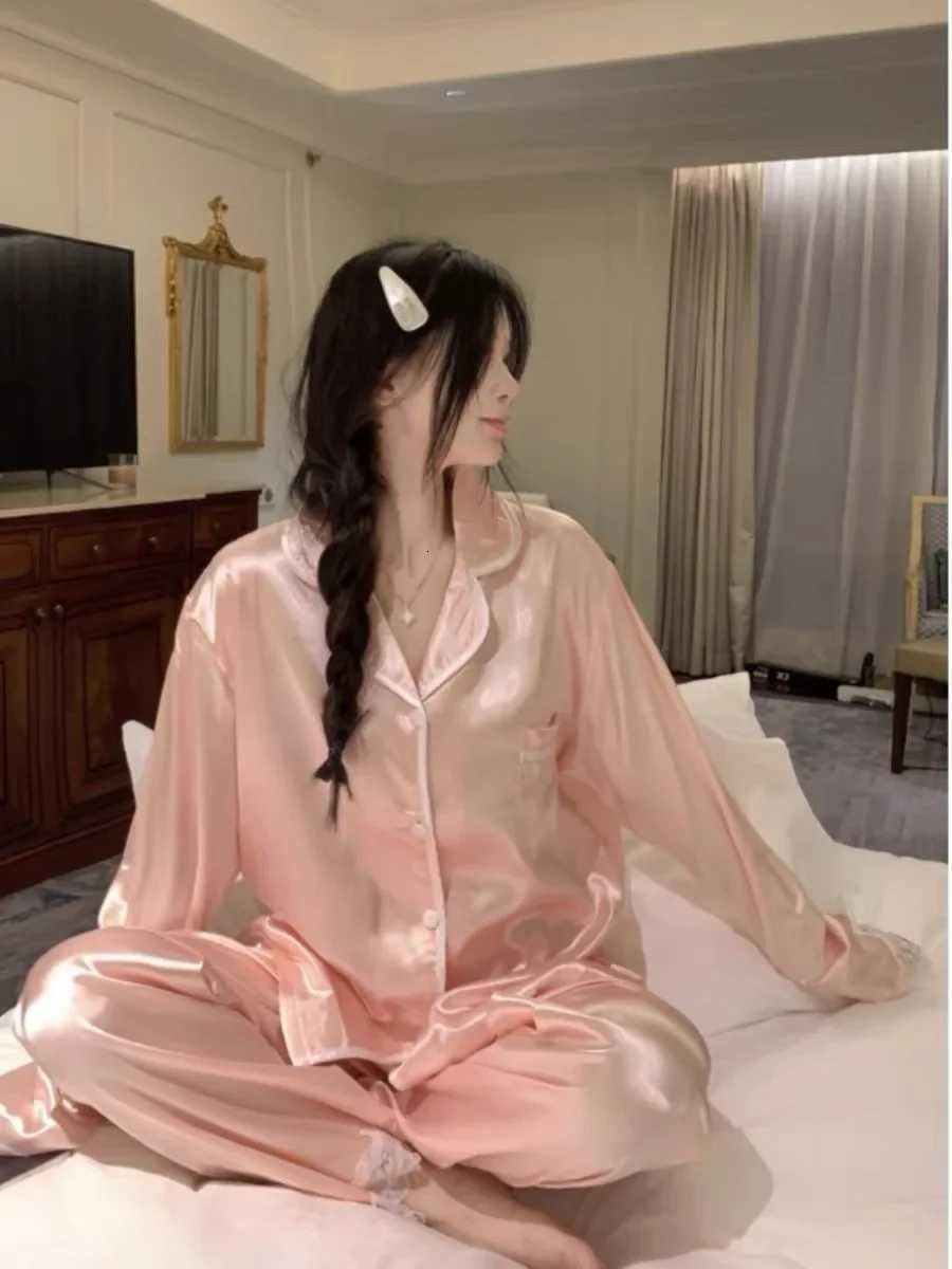 Spring Autumn New Ice Silk Soft Pajama Sets for Women Lace Lapel Cardigan Outfits for Women 2 Piece Set Sweet Pink Women Pajama Z250925