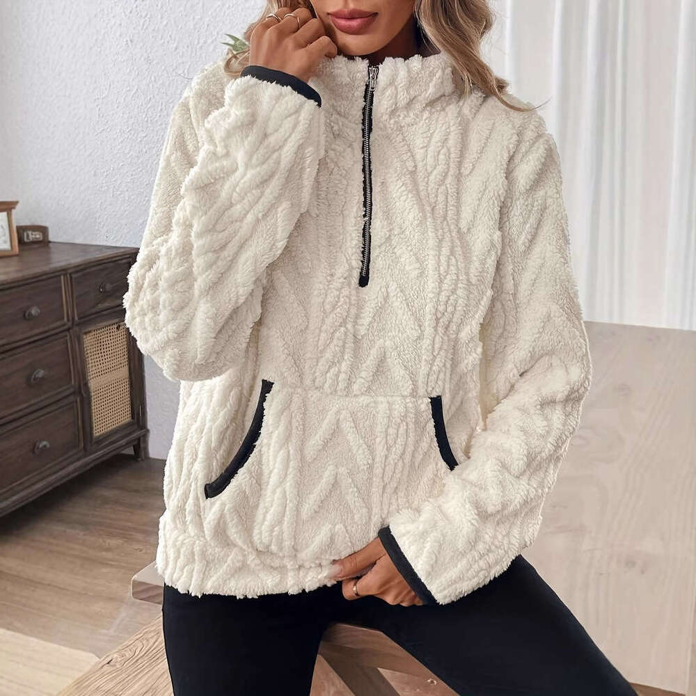 Cross-Border Autumn Winter New European American Lapel Small Fragrance Style Lamb Wool Short Sweatshirt S8070