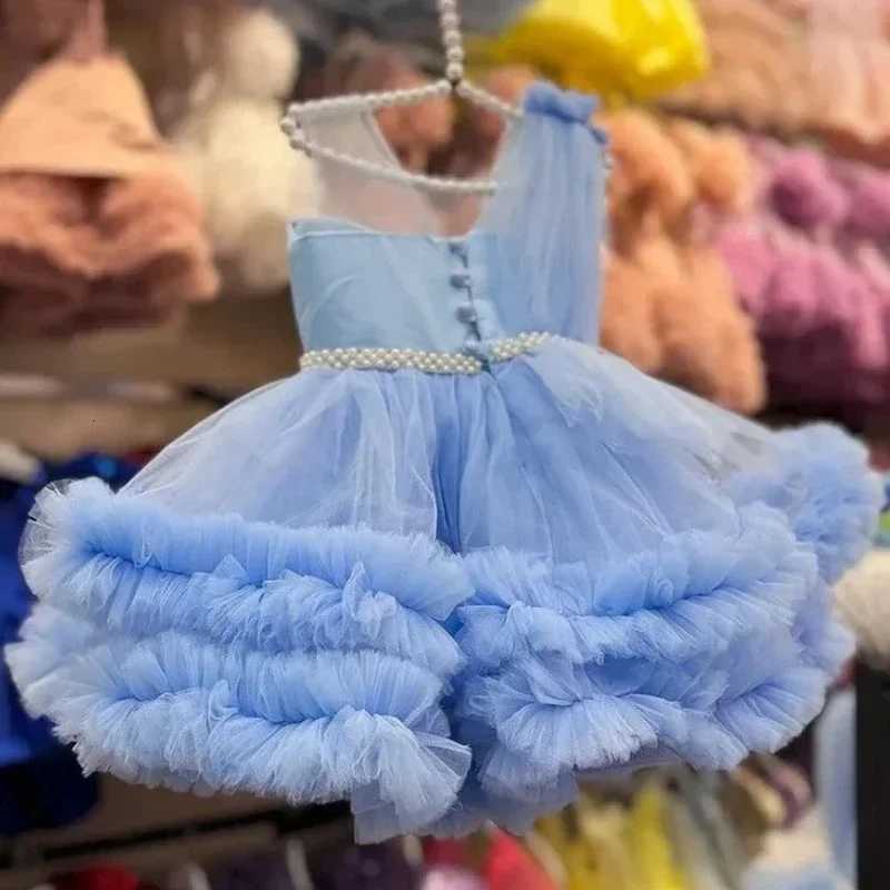 Princess Flower Girl Dress Blue Tulle Puffy Tiered Pearls Belt Sleeveless For Wedding Birthday Party Banquet Princess Gowns Z250926