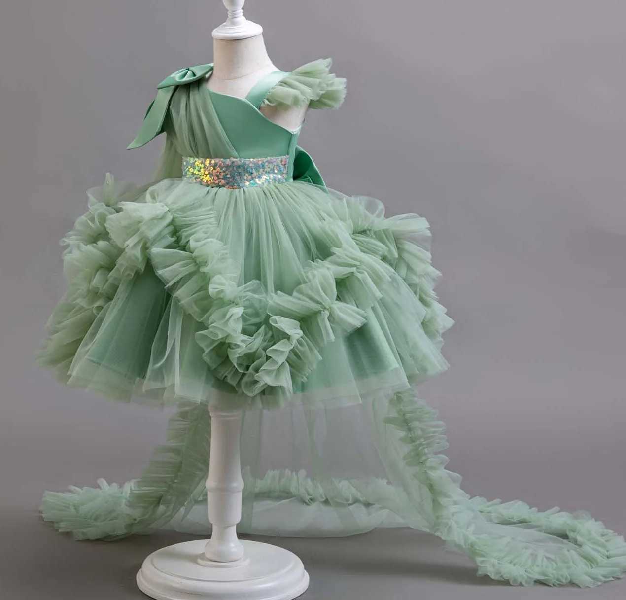 Girl Retro Ruffle Lace Tulle Flower Girl One Shoulder Dress 06 Year Old Baby Girl Bow Princess Dress Party Wedding Tail Dress Z250926