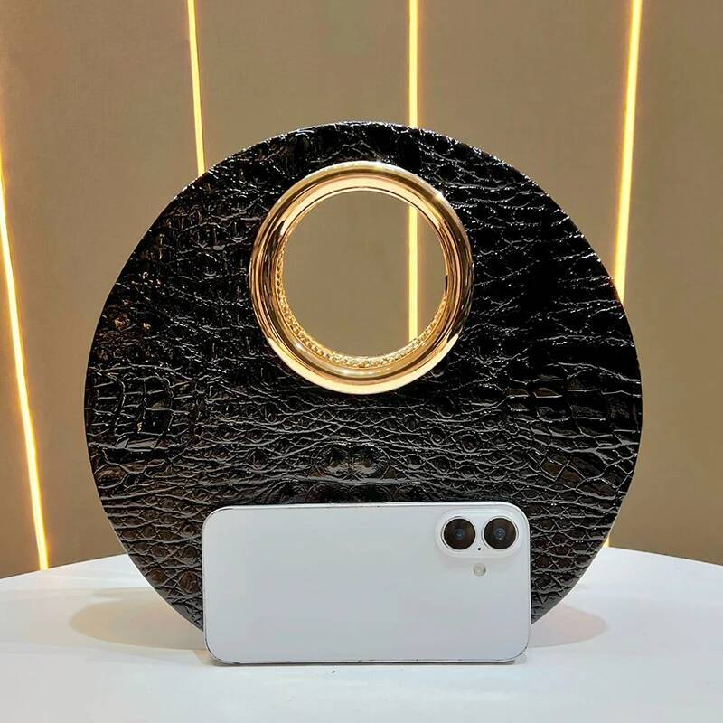 Women's Elegant Crocodile Pattern Round Black Handbag Chain Shoulder Crossbody Patent Leather Top Handle Bag high-quality