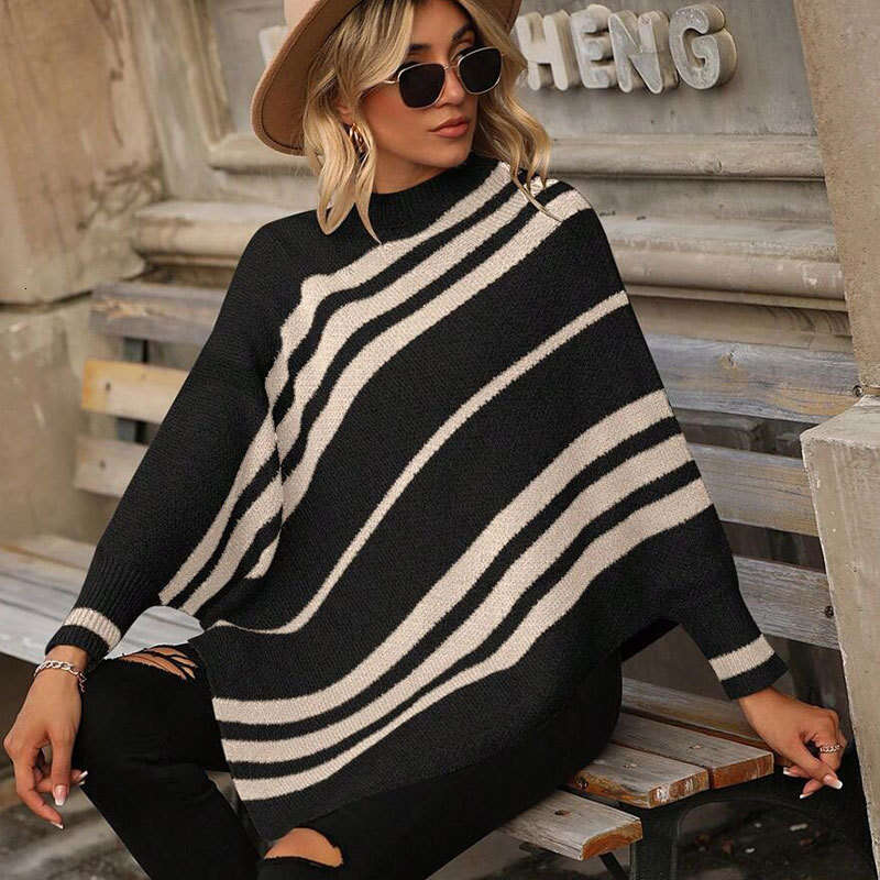 Half High Neck Pullover Striped Color-Block Shawl Cape Loose Knitted Batwing Sleeve Sweater for Women