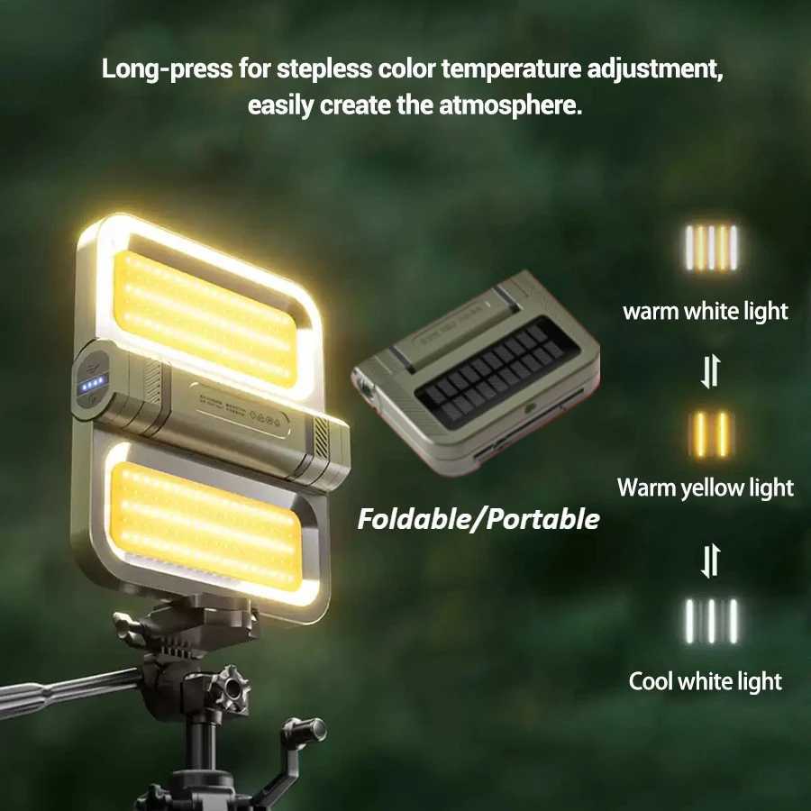 Builtin 5000mAh Solar LED Camping Light Long Endurance Rechargeable Floodlight Portable Flashlight Tripod Outdoor Folding Torch C250925