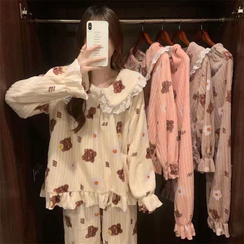 Warm Sleepwear Small Bear Peach Coral Velvet TwoPiece Set Women Pajamas Autumn and Winter Thickening Home Wear School Sleepwear Z250925