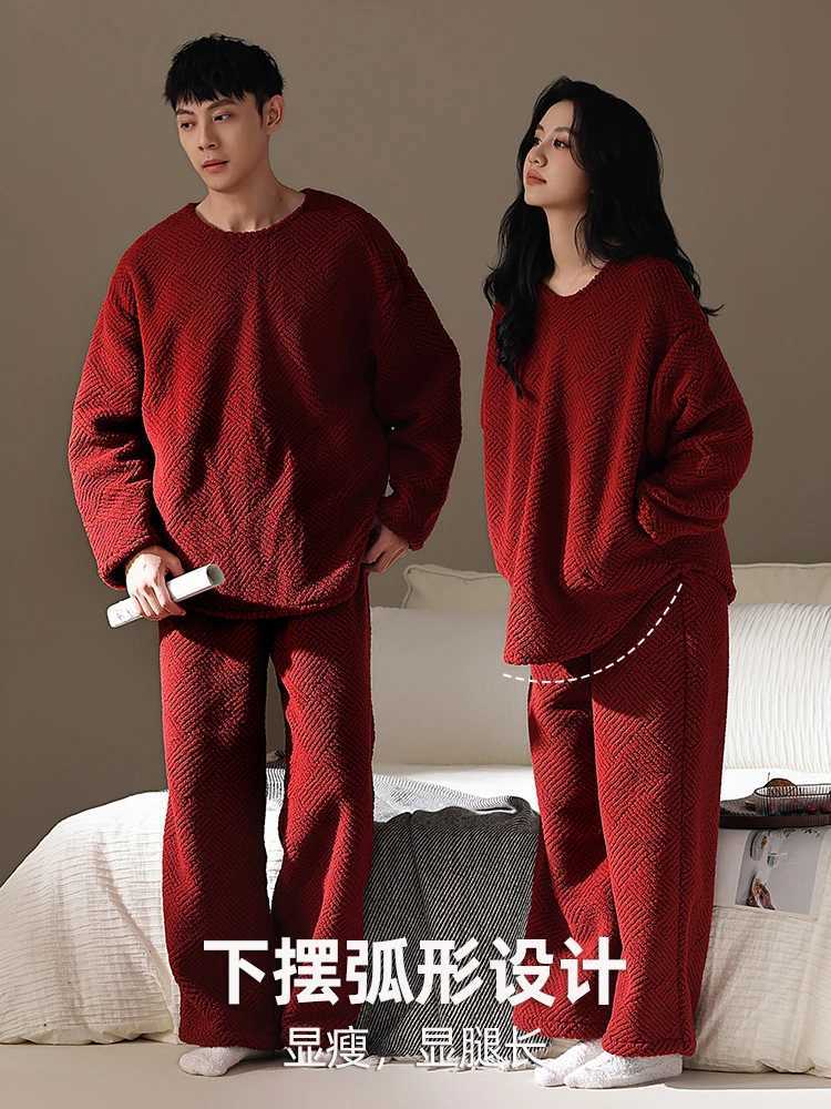 DAIMELU red wedding couple pajamas womens autumn and winter coral fleece thickened mens loungewear suit male sleepwear set Z250925