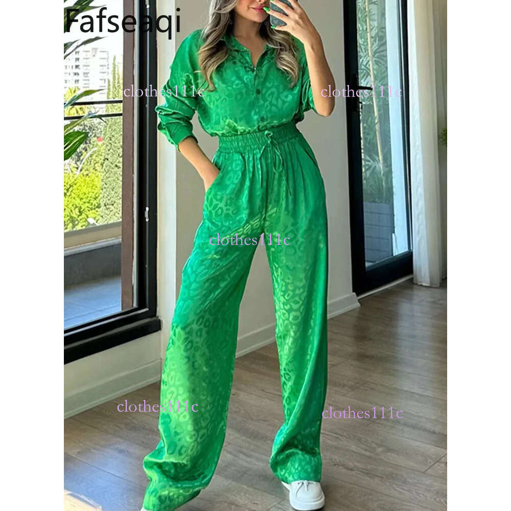 White Satin Wide Leg Trousers Suit For Women Spring Office Leopard Print Two-Piece Set Home Tracksuit Womens Pamas Sets 240415
