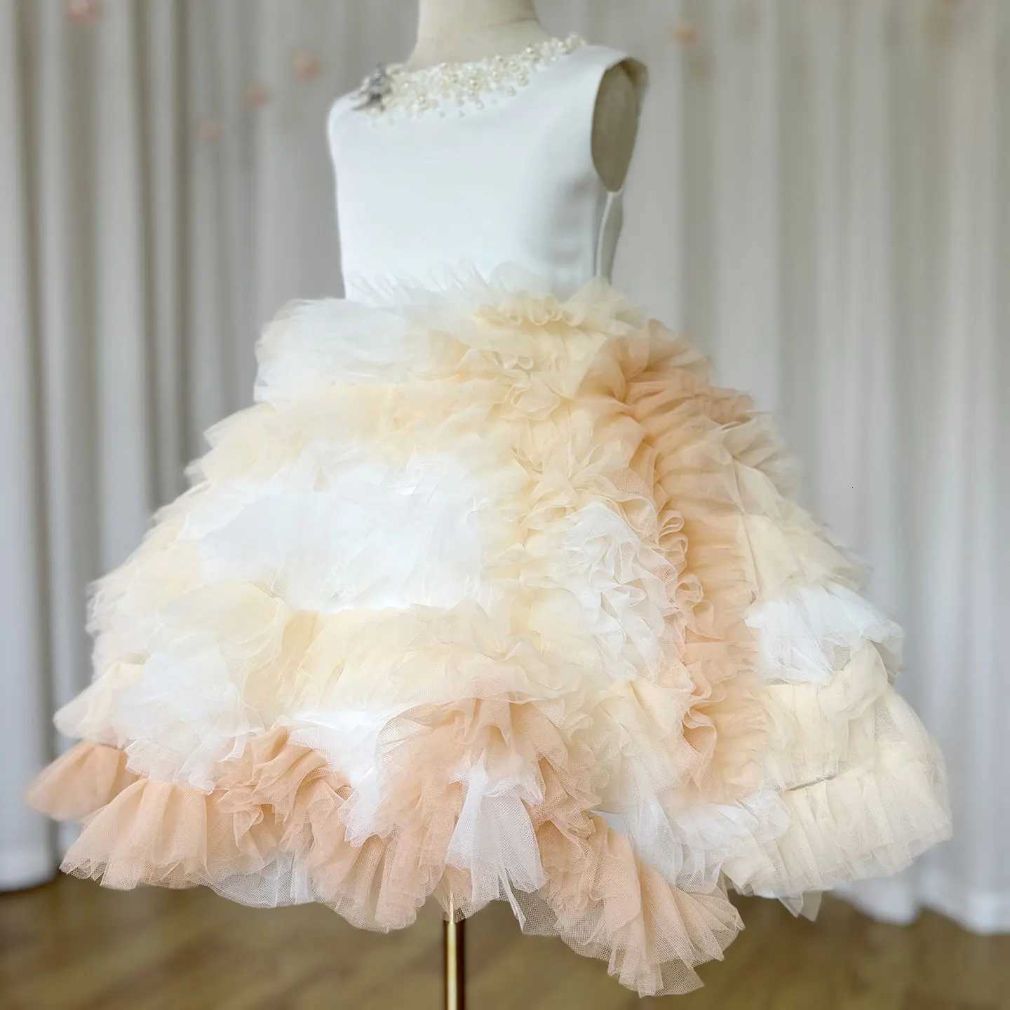 Jill J259 Luxury Champagne Arabic Girl Dress Pearls Dubai Kids Princess Birthday Wedding Party Children Holiday Gown 2025 Z250926