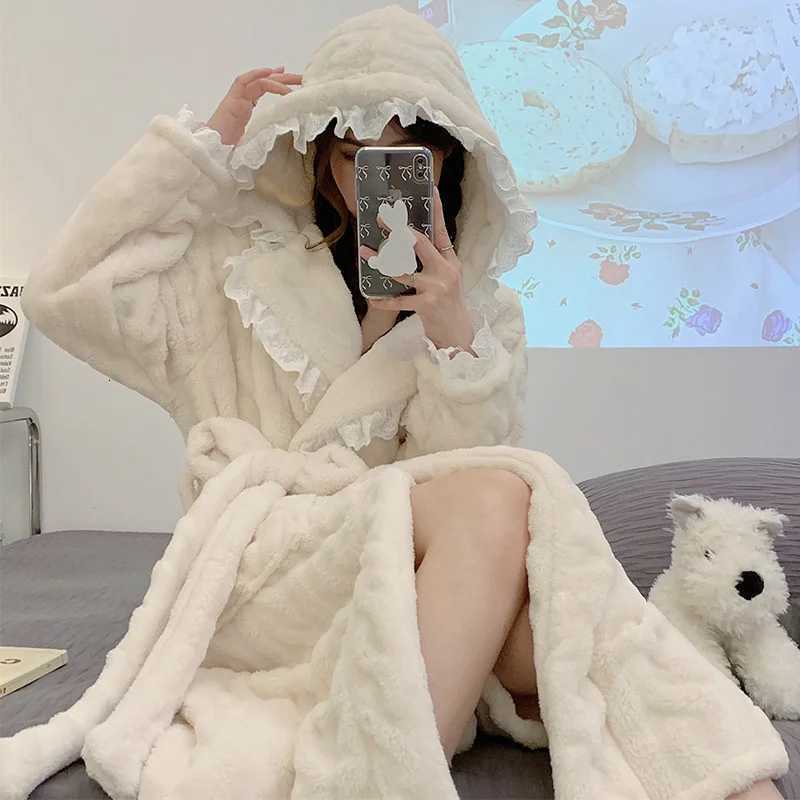 2023 New Autumn Winter Nightgown Women Sweet Sexy Coral Fleece Thickened Long Pajamas Warm Bathrobe Home Wear Z250925