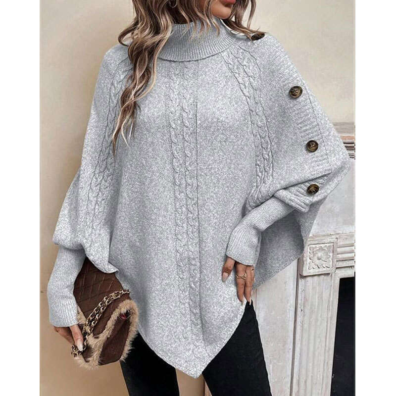 Autumn Winter New Sweater Women's Knitted Fashion Cable Knit High Neck Button Batwing Sleeve Top