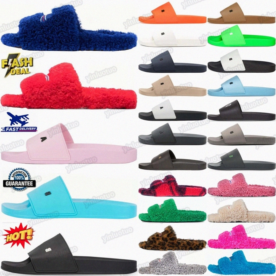 Furry slippers slides Pool Slide Paris designer shoes Logo City Black Sky sliders Fluo Orange Pink Mint Blue Red White Green Womens YelvFTq#