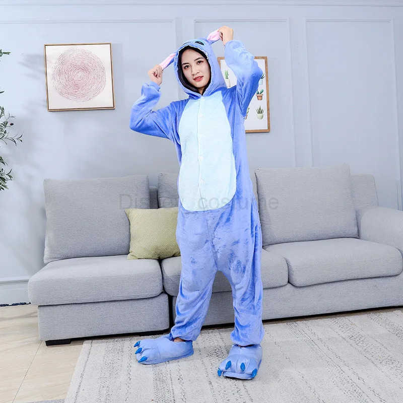 Disney Lilo Stitch OnePiece Pajamas Adult Children Cartoon Plush Kigurumi Onesies Winter Warm Clothes For Christmas Gifts H250926
