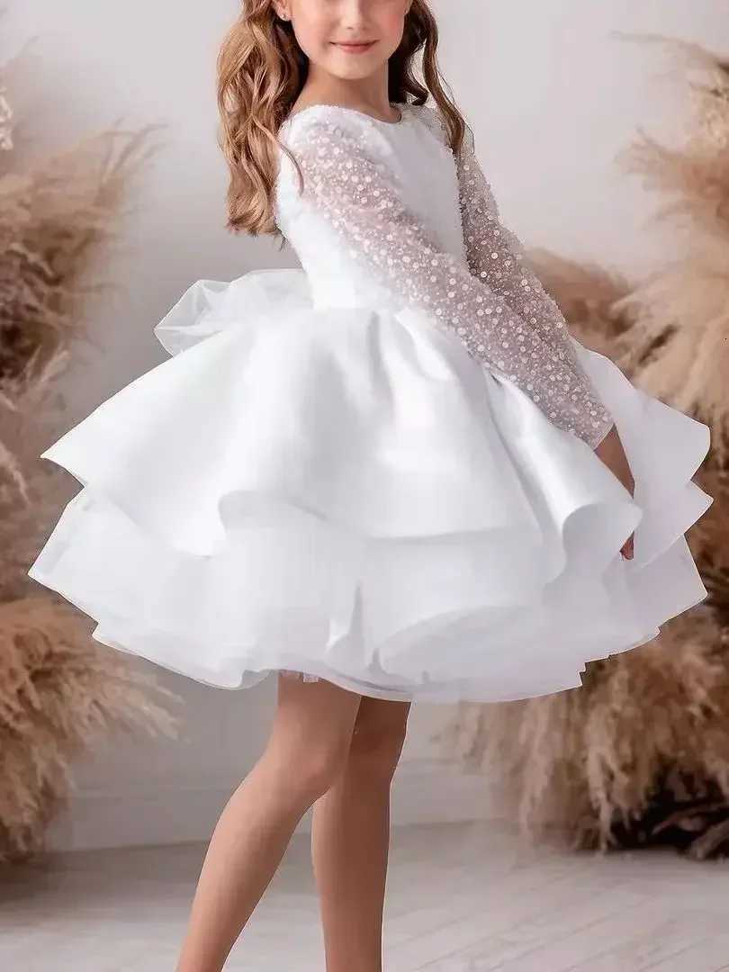 White Baby Girl Dress Bow Puffy Dresses For Girls High Collar Bow Communion Dress Knee Length Flower Girl Dresses Kids Dresses Z250926