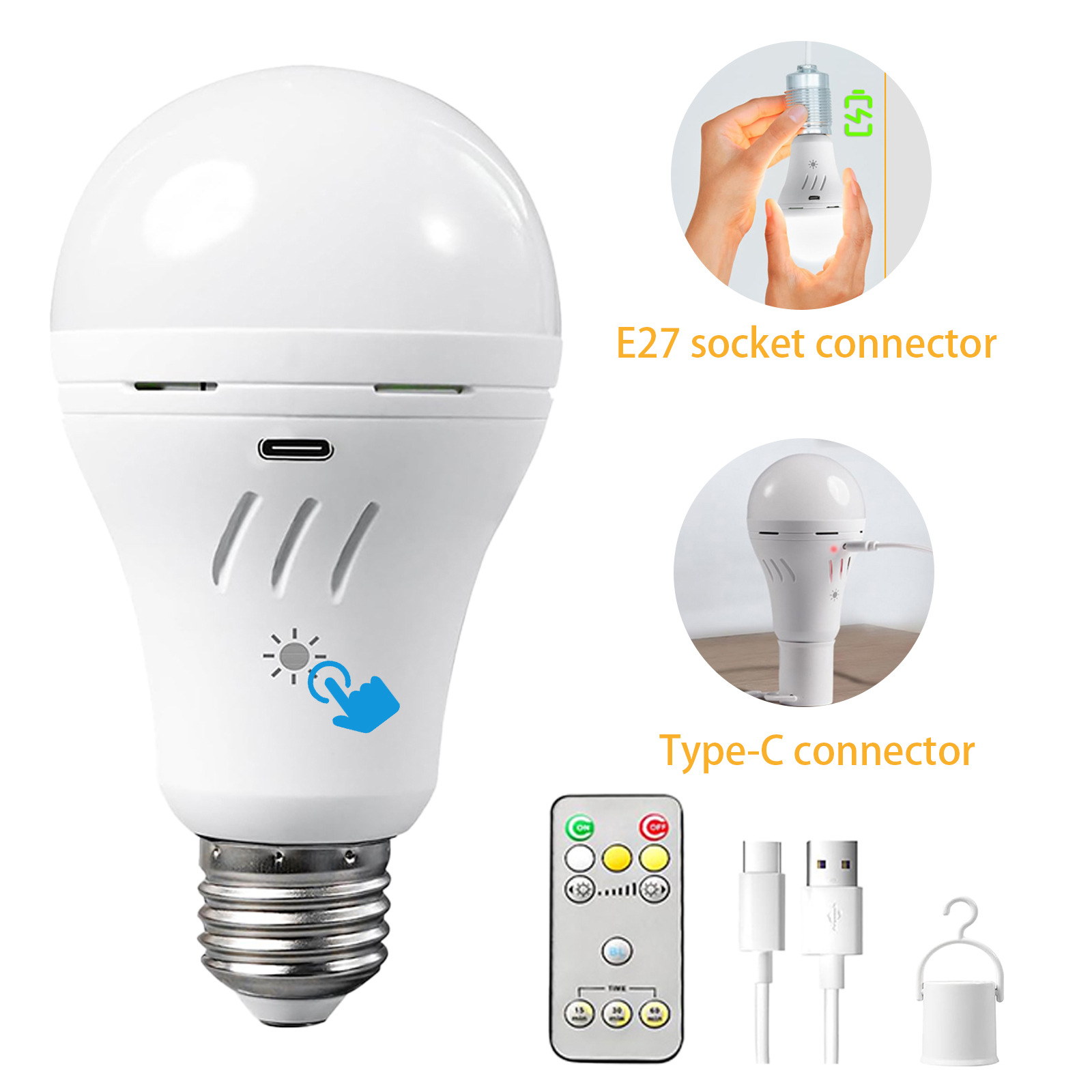 7W Rechargeable Emergency Light Bulb E27 Base-USB/220V Dual Charging Backup Emergency Light for Car/Home/Outdoor CM16