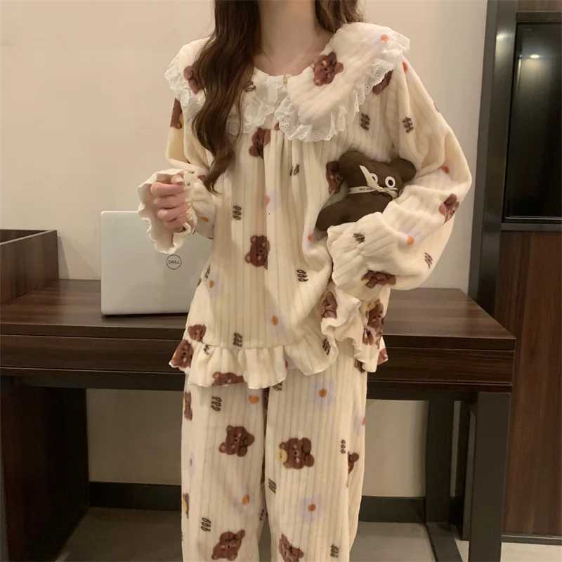 Warm Sleepwear Small Bear Peach Coral Velvet TwoPiece Set Women Pajamas Autumn and Winter Thickening Home Wear School Sleepwear Z250925