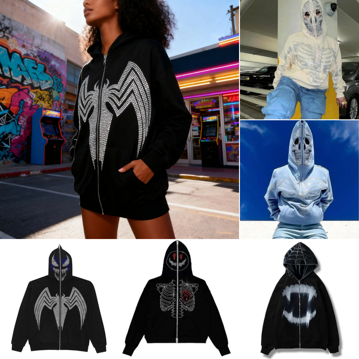 Designer Women's Hoodies Autumn and Winter Fashion Women's Casual Loose Coat Top Ironing Diamond Printed Hooded Halloween Hoodie