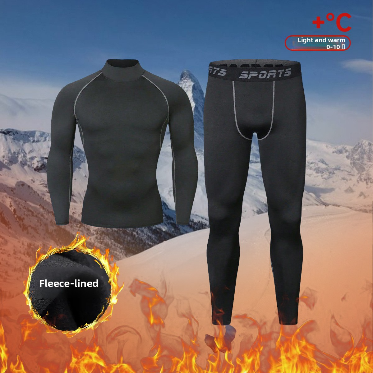 Exercise & Fitness Wear Men's Fleece-Lined Athletic Set - Thermal Base Layer for Running, Skiing, Hiking & Gym, Quick-Dry & Windproof
