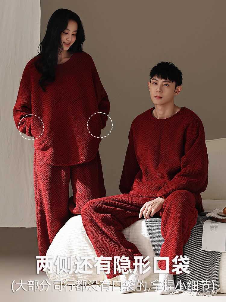 DAIMELU red wedding couple pajamas womens autumn and winter coral fleece thickened mens loungewear suit male sleepwear set Z250925