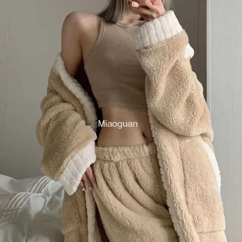 Autumn Winter Warm Fleece Pajama Sets Thicken Coral Velvet Nightgowns Sleepshirts and Bottoms Suit Homewear Long Robes for Women Z250925